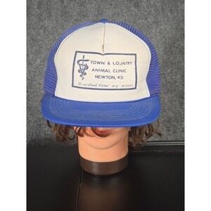 Vintage Town & Country Animal Clinic Newton KS Blue White Mesh Trucker Hat Cap